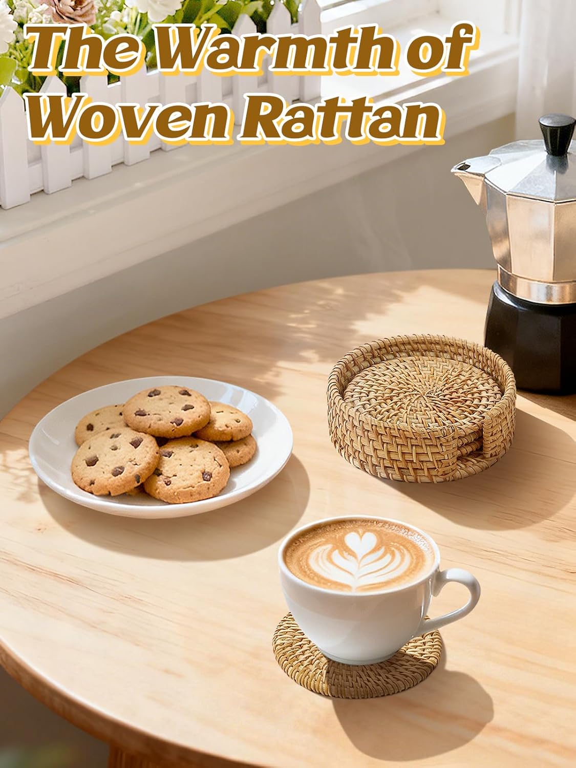 6pcs Natural Handmade Rattan Coasters with Holder - Wicker Drink Coasters Set, Housewarming Gifts Boho Summer Home Coastal Decor