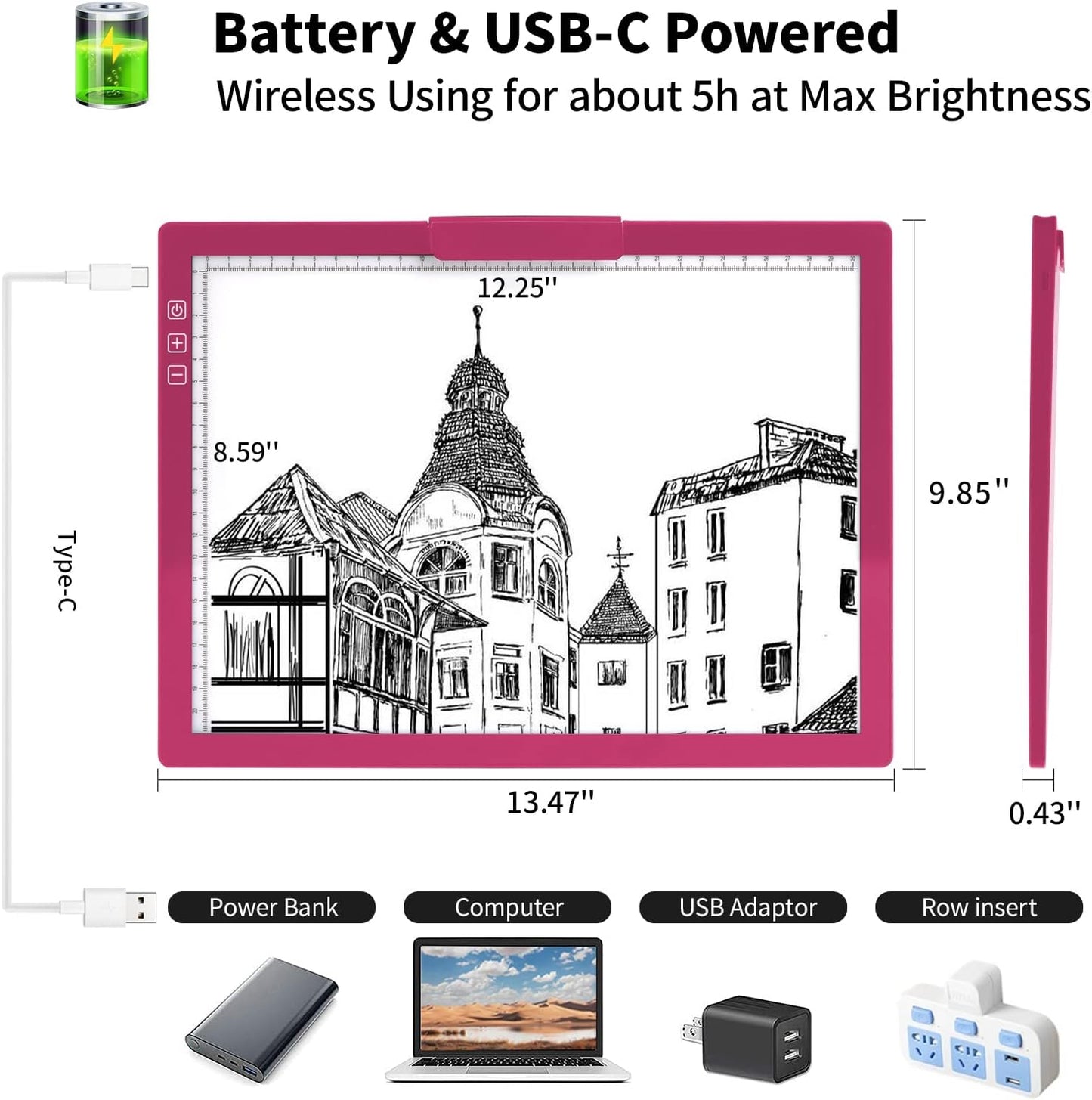A4 Wireless LED Light Pad with Carry Bag, Innovative Stand and Top Clip, TOHETO Rechargeable Light Box Stepless Dimmable and 6 Levels Brightness Cordless Light Board for Tracing Weeding Vinyl (Black)