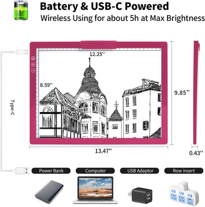 A4 Wireless LED Light Pad with Carry Bag, Innovative Stand and Top Clip, TOHETO Rechargeable Light Box Stepless Dimmable and 6 Levels Brightness Cordless Light Board for Tracing Weeding Vinyl (Black)