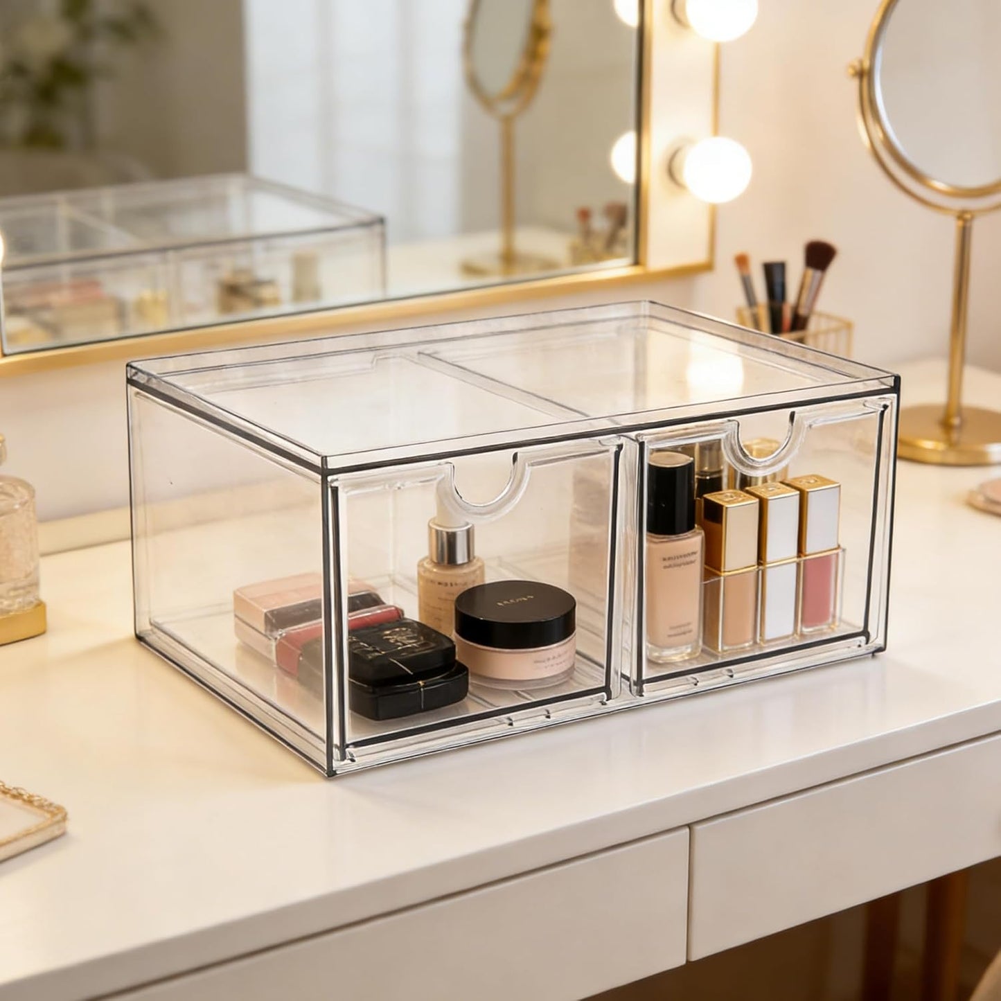 Prsildan Acrylic Drawer Makeup Organizer with 6 Drawers (Not for Baby Bottle), Set of 2 Office Desk Organizers Accessories, Clear Stackable Storage Drawers for Vanity, Craft (Largest Drawer 4" Tall)