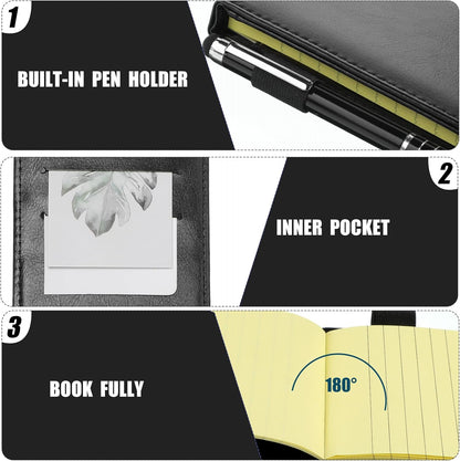 Outus 10 Pcs Mini Pocket Notepad Holder Set Included Small Leather Pocket Notebook Holder with 50 Lined Sheets, Metal Pen, 8 Pcs 3 x 5 Inch Memo Book Refills, 30 Lined Paper Per Note Pad (Black)