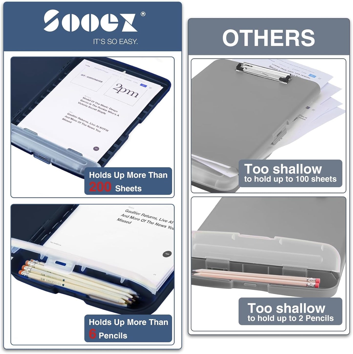 Sooez Clipboard with Storage, Clip Board 8.5 x 11 with Pen Holder, Plastic Organization Case Box for Letter Legal A4 Size Paper, Low Profile Clip, Nurses Teachers Must Haves, School & Office Supplies