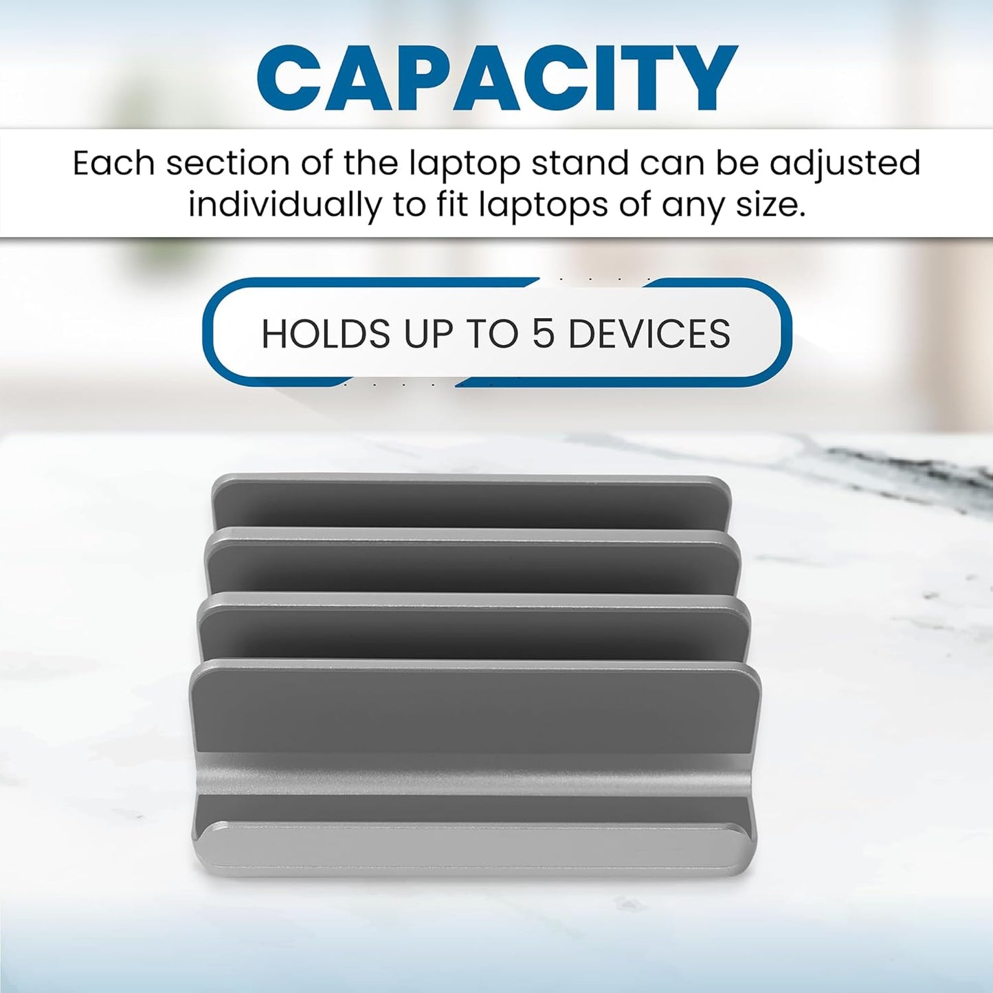 Elestoria 5- Slot Vertical Laptop Stand - Aluminum Laptop Stand Vertical for Desk - Fits MacBook Pro/Air, Surface, Mobiles & Gaming Laptops up to 17.3" - Heavy Duty Laptop Holder for Desk - (Silver)