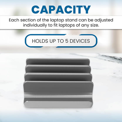 Elestoria 5- Slot Vertical Laptop Stand - Aluminum Laptop Stand Vertical for Desk - Fits MacBook Pro/Air, Surface, Mobiles & Gaming Laptops up to 17.3" - Heavy Duty Laptop Holder for Desk - (Silver)
