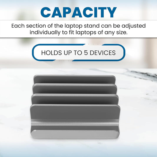 Elestoria 5- Slot Vertical Laptop Stand - Aluminum Laptop Stand Vertical for Desk - Fits MacBook Pro/Air, Surface, Mobiles & Gaming Laptops up to 17.3" - Heavy Duty Laptop Holder for Desk - (Silver)
