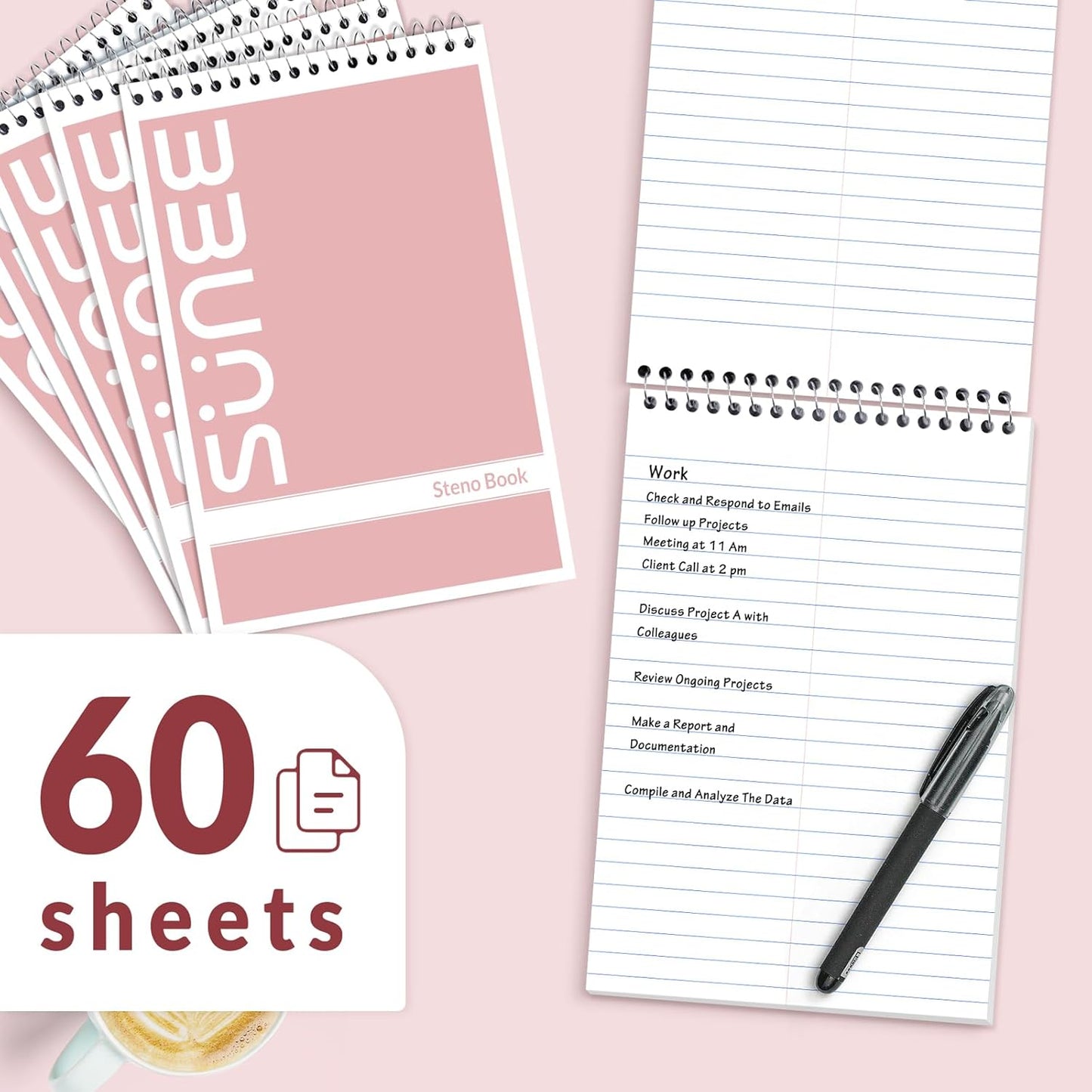 SUNEE 2 Pack Steno Pads 6x9, Gregg Rule, 60 Sheets, Spiral Notebook 6x9, White Paper, Take Notes with Top Spiral Notebook, for School, University, College, Work, Office, Yellow