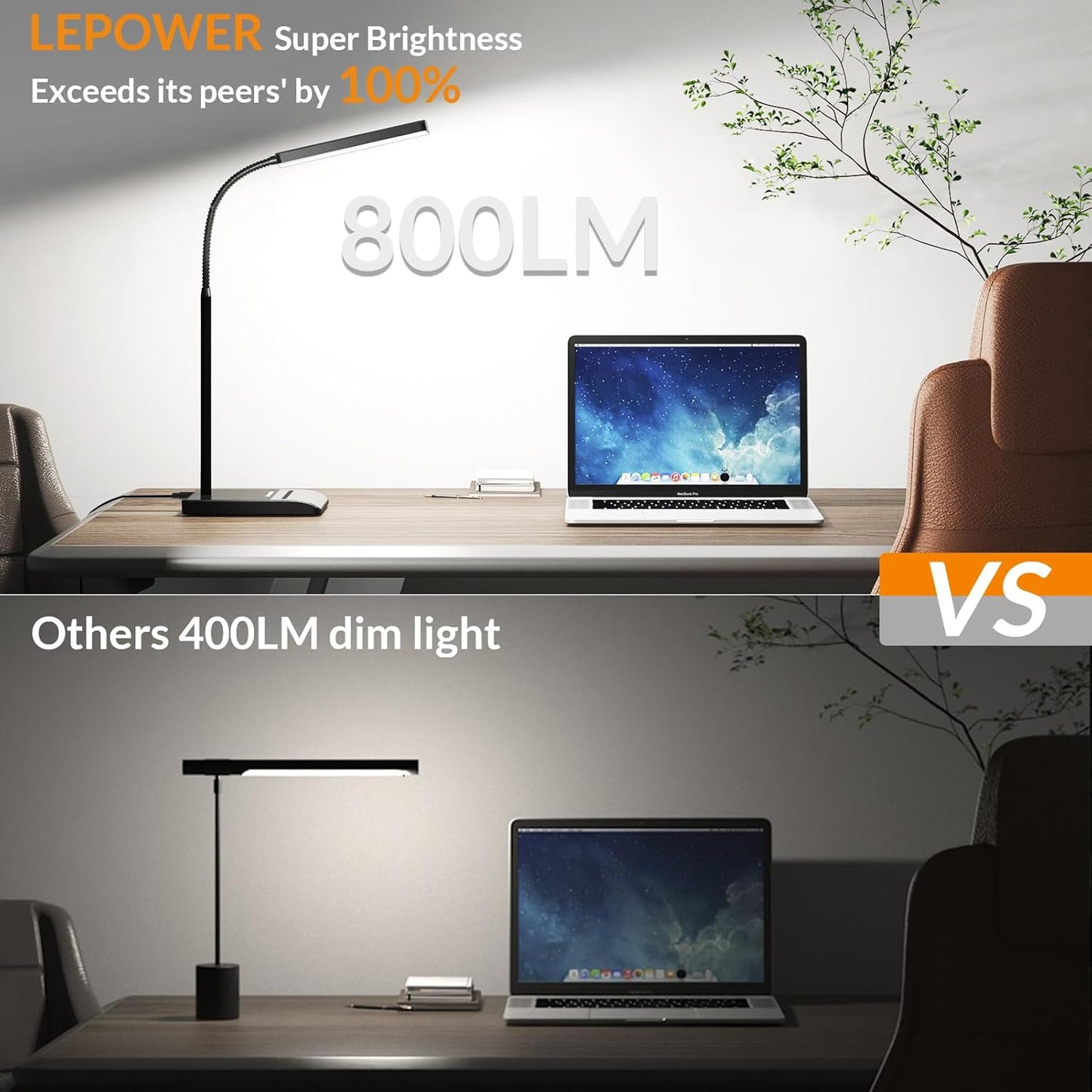 LEPOWER Desk Lamp, 800LM LED for Home Office, 12W Reading for Desk, Eye-Caring Light, Touch Table Gooseneck Lamp, 50 Lighting Modes, Bright for Bedroom, Study (Black)