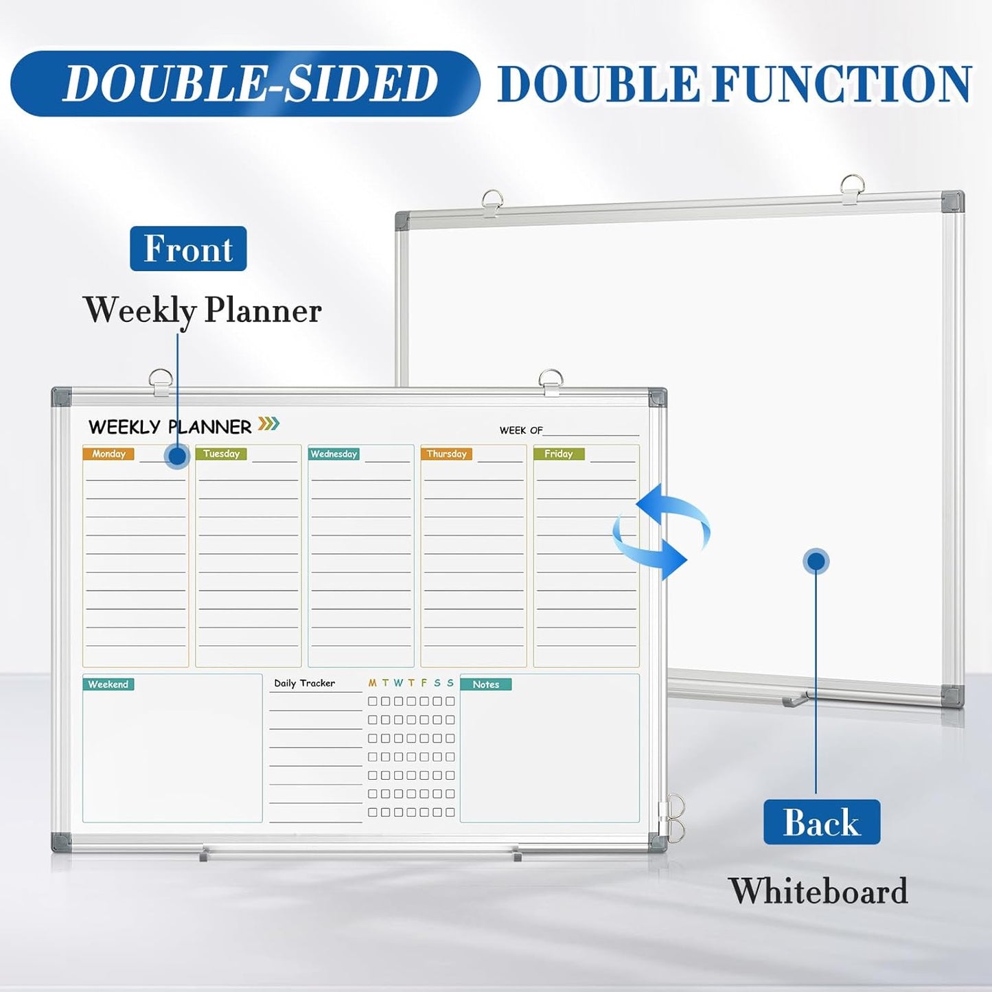 WALGLASS Weekly Dry Erase Calendar Whiteboard for Wall, 24" x 18" Double-Sided Weekly Planner White Board with Notes, Daily Tracker, Aluminum Framed Hanging & Wall Mount for Home, Office, School