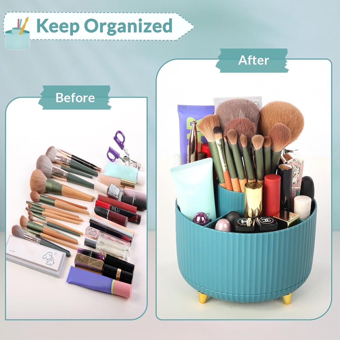 SKYDUE 360 Rotating Plastic Desk Pen Organizer with 5 Slots, Dual-Purpose Art Supply Pencil Cup for Office, School, Home