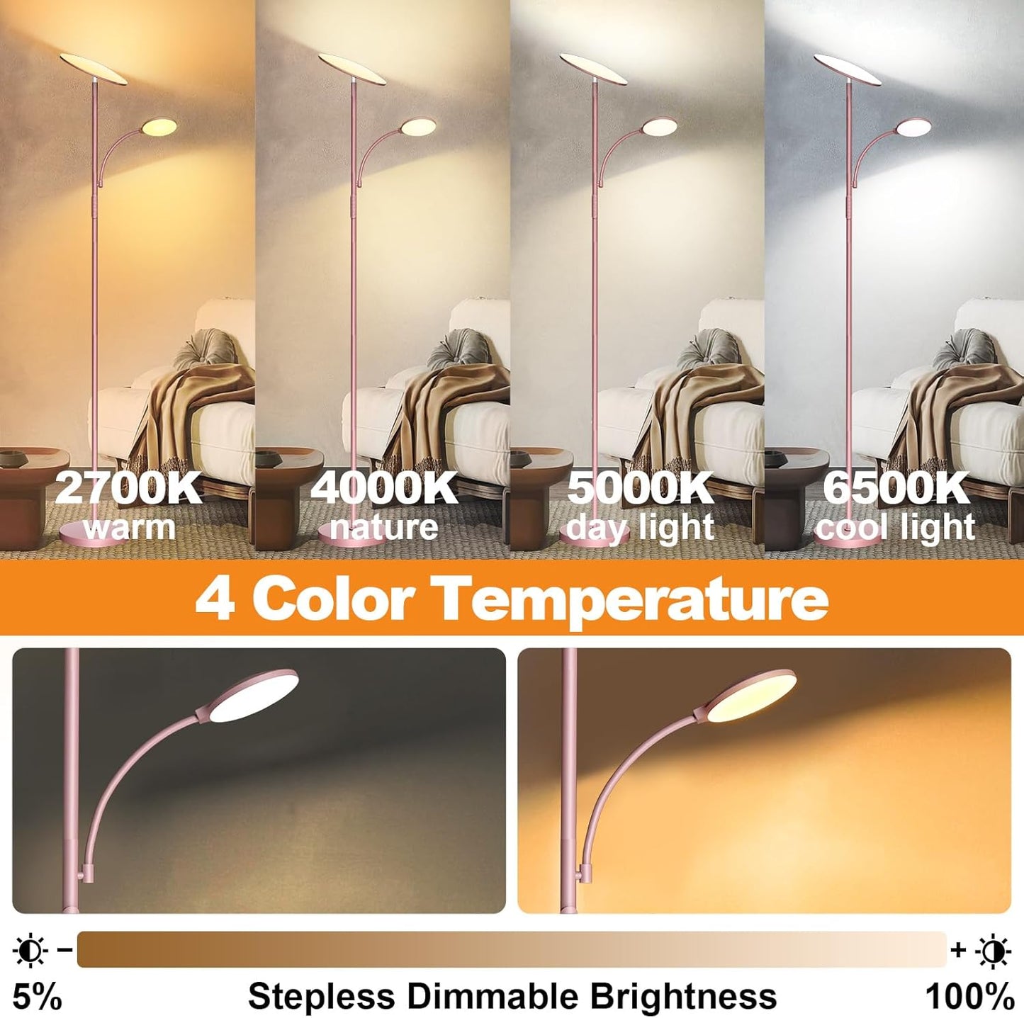 marctronic Floor Lamps for Living Room, 44W/4500LM Super Bright 2 in 1 LED Floor Lamp with Remote, Stepless Dimmable, 69" Tall Standing Floor Lamp with Bendable Reading Light for Bedroom Office