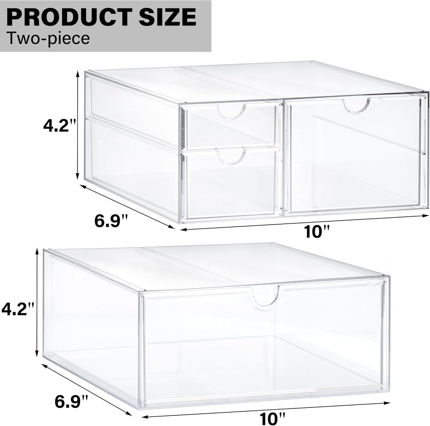 Prsildan Acrylic Drawer Makeup Organizer with 6 Drawers (Not for Baby Bottle), Set of 2 Office Desk Organizers Accessories, Clear Stackable Storage Drawers for Vanity, Craft (Largest Drawer 4" Tall)
