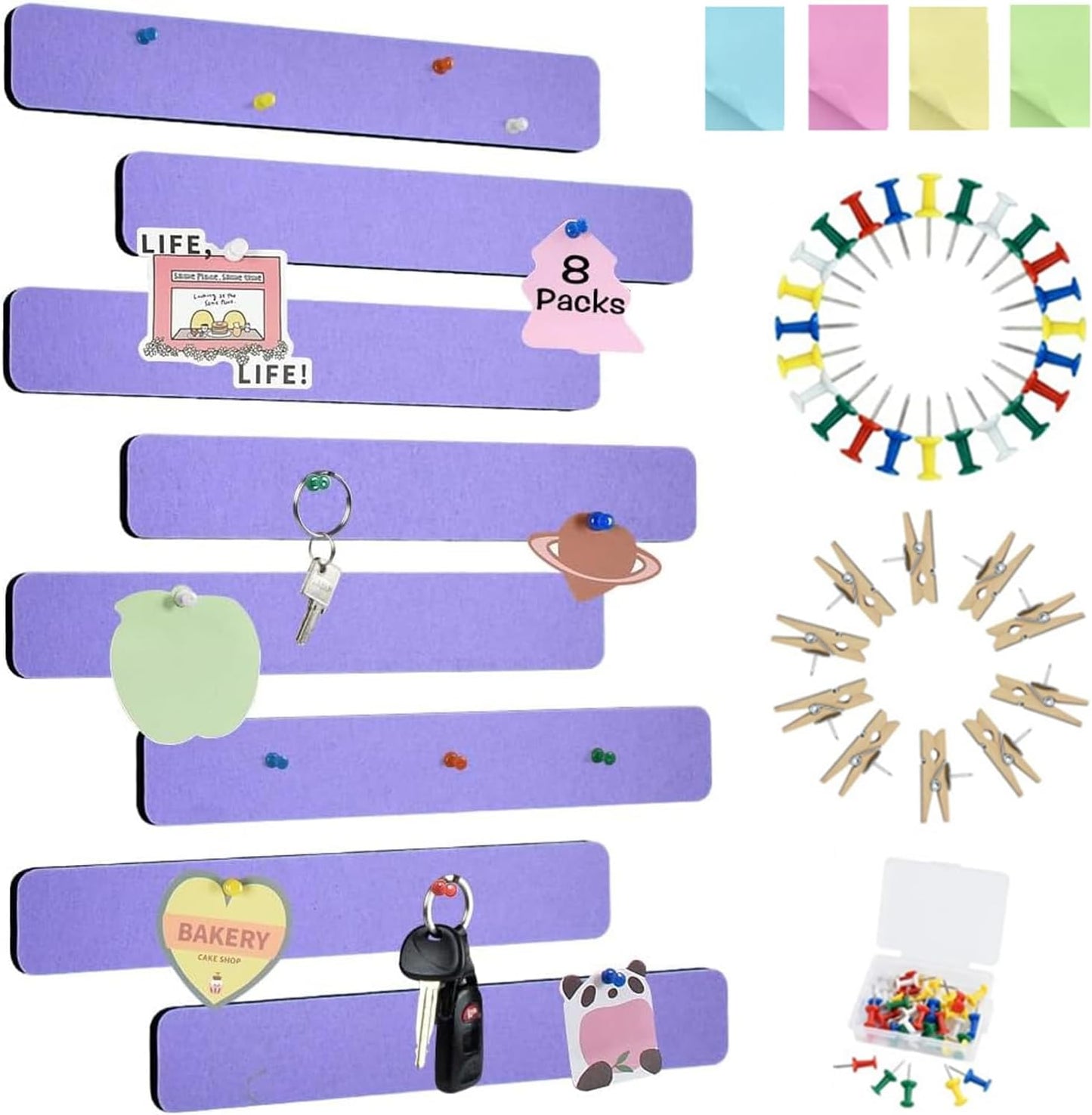 Vuzvuv 8 pcs Bulletin Board Bar Strips with 50 Pushpins & 10 Wooden Clip pins，Self Adhesive Cork Board for Wall，Felt Pin Board for School，Office Decor（Black White Grey）