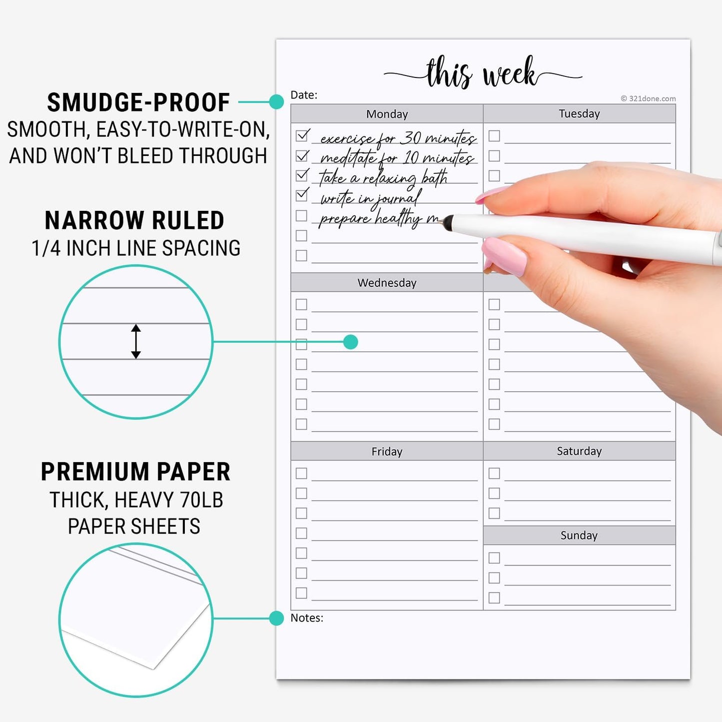 321Done Weekly Checklist Notepad - 50 Sheets (5.5" x 8.5") - This Week to Do Notepad Tear Off Planning Pad, Planner Checklist Organizing - Made in USA - Simple Script