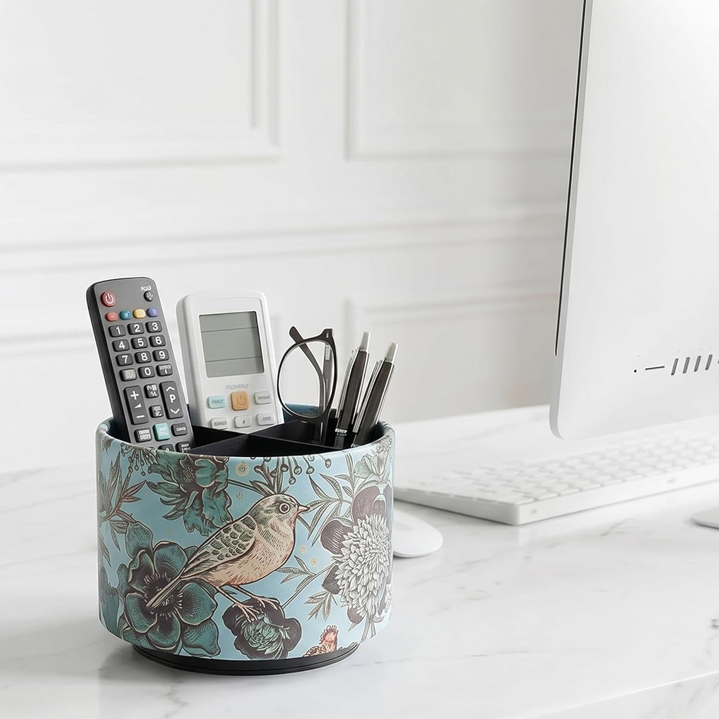 Round Leather Art Supply Organizer,Remote Control Holder,360 Degree Rotating,Multi-Functional Pencil Holder,4 Compartments Desktop Stationary Organizer(1-Fractal Flower) | Round - Colors A
