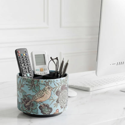 Round Leather Art Supply Organizer,Remote Control Holder,360 Degree Rotating,Multi-Functional Pencil Holder,4 Compartments Desktop Stationary Organizer(1-Fractal Flower) | Round - Colors A