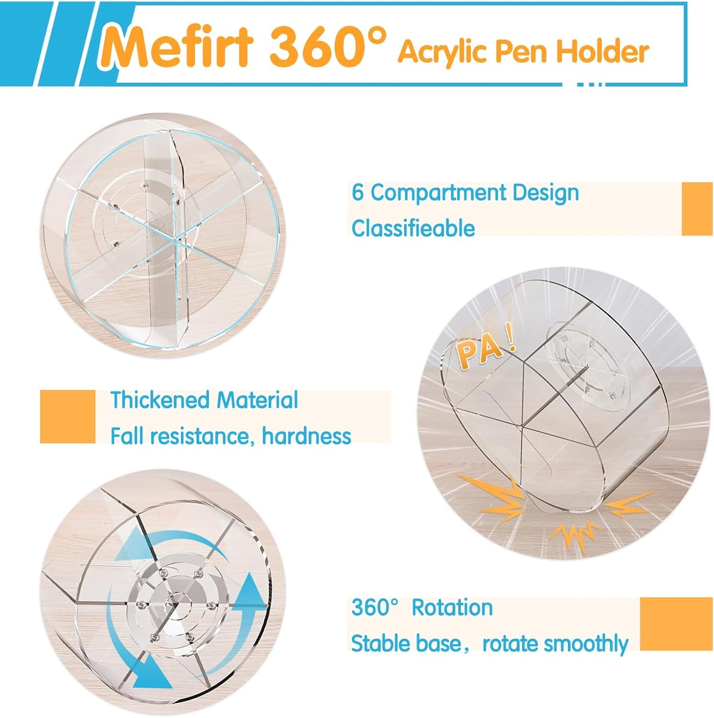 Mefirt Acrylic Pen Holder, 360 Degree Rotating Pen Organizer, Rotating Desk Acrylic Office Organizer with 6 Compartments, Marker Organizer for Kid, Crayon Caddy School Art Supply Storage Organizer
