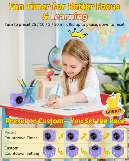 Digital Pomodoro Timer Cube 5/10/25/50min, Visual Productivity Flip Timer for Kids Classroom Desk, Custom Countdown, Silent and Sound Mode for ADHD Study Work Game Kitchen (Pink)