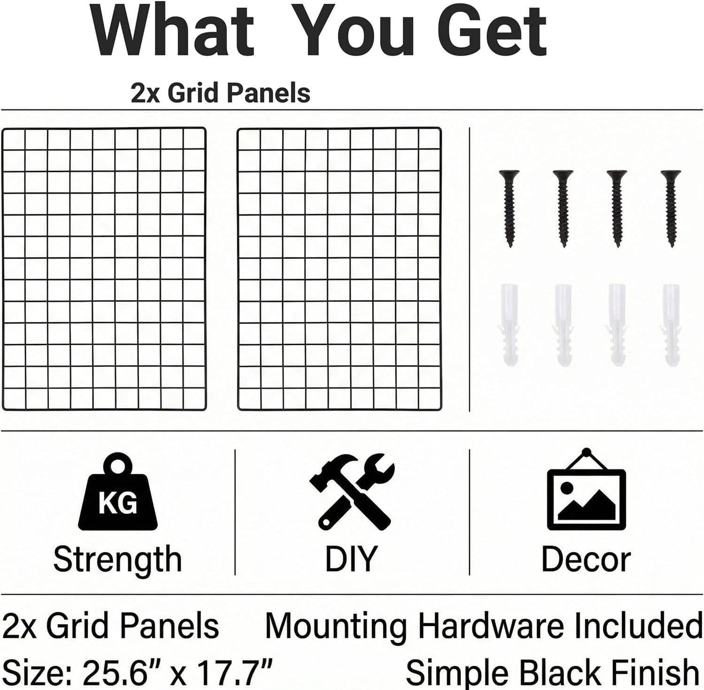 Kaforise Wire Wall Grid Panel, Multifunction Painted Photo Hanging Display and Wall Storage Organizer, Pack of 2, Size 25.6x17.7inch, Black