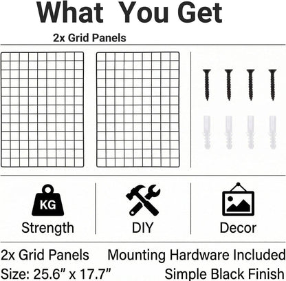 Kaforise Wire Wall Grid Panel, Multifunction Painted Photo Hanging Display and Wall Storage Organizer, Pack of 2, Size 25.6x17.7inch, Black