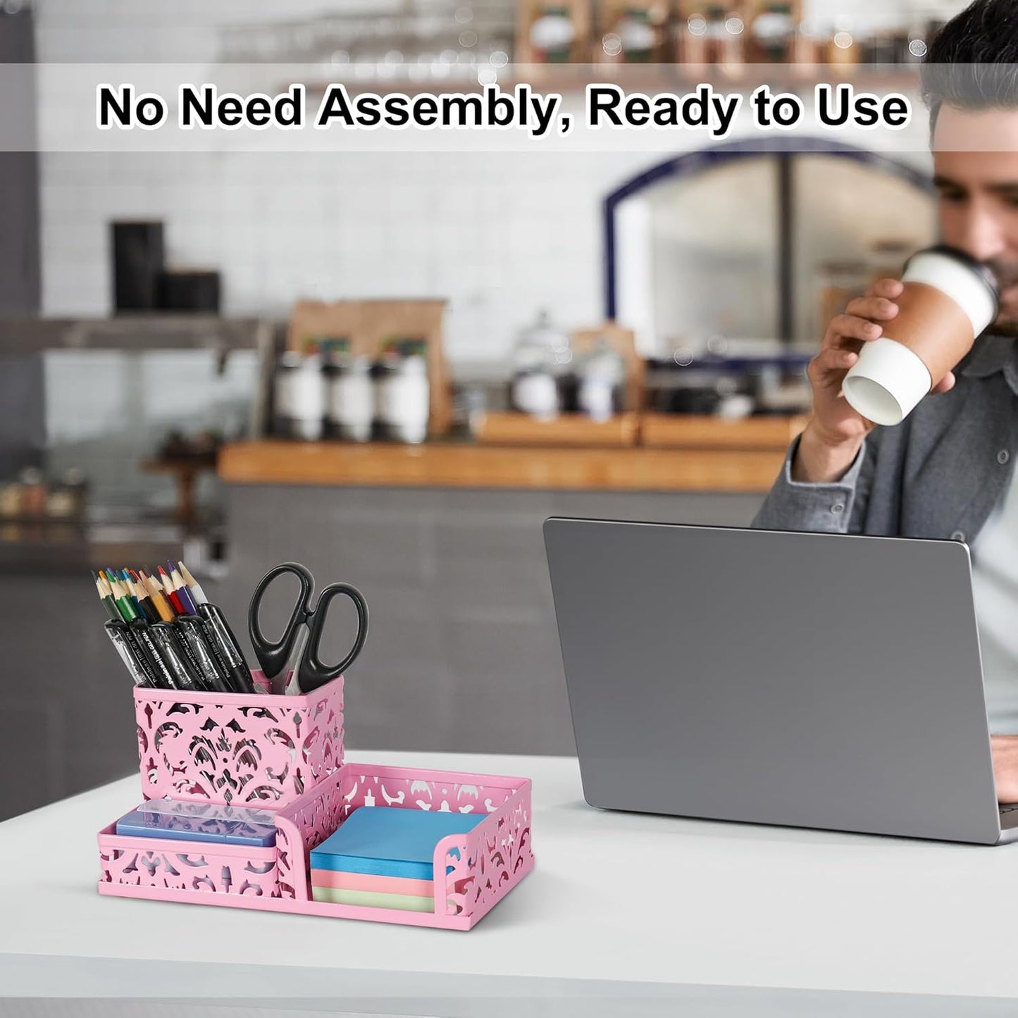 EasyPAG Desk Organizer with 3 Compartment for Pencil Sticky Note Holder and Office Accessories,White