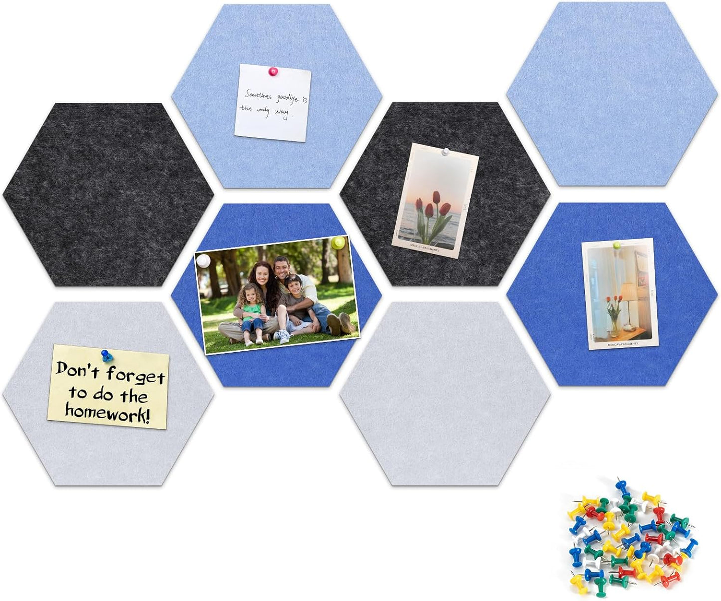 8 Pack Hexagon Felt Bulletin Board Tiles - 12" Large Thick Pin Board for Walls with 30 Push Pins, DIY Boards for Office Home School Decor, Aesthetic Hex Cork Board Alternative