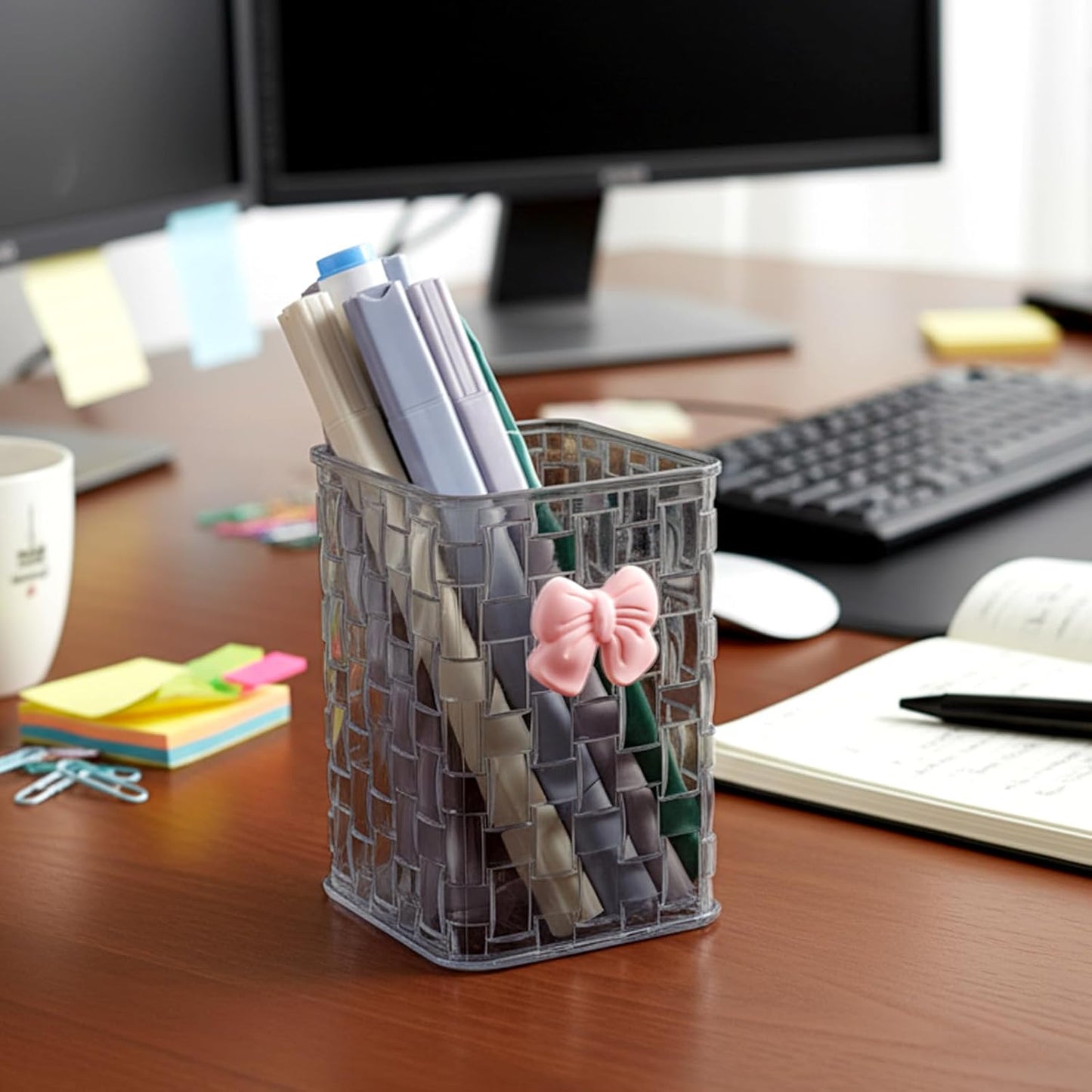 Artistic Acrylic Pen Holder Cute, Clear Stylish Pencil Holder for Desk, Black Transparent Makeup Brush Holders with Woven Texture and a Pink Bow, Clear Pencil Organizer Pen Caddy for Desk Accessories