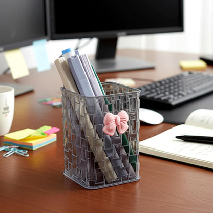 Artistic Acrylic Pen Holder Cute, Clear Stylish Pencil Holder for Desk, Black Transparent Makeup Brush Holders with Woven Texture and a Pink Bow, Clear Pencil Organizer Pen Caddy for Desk Accessories