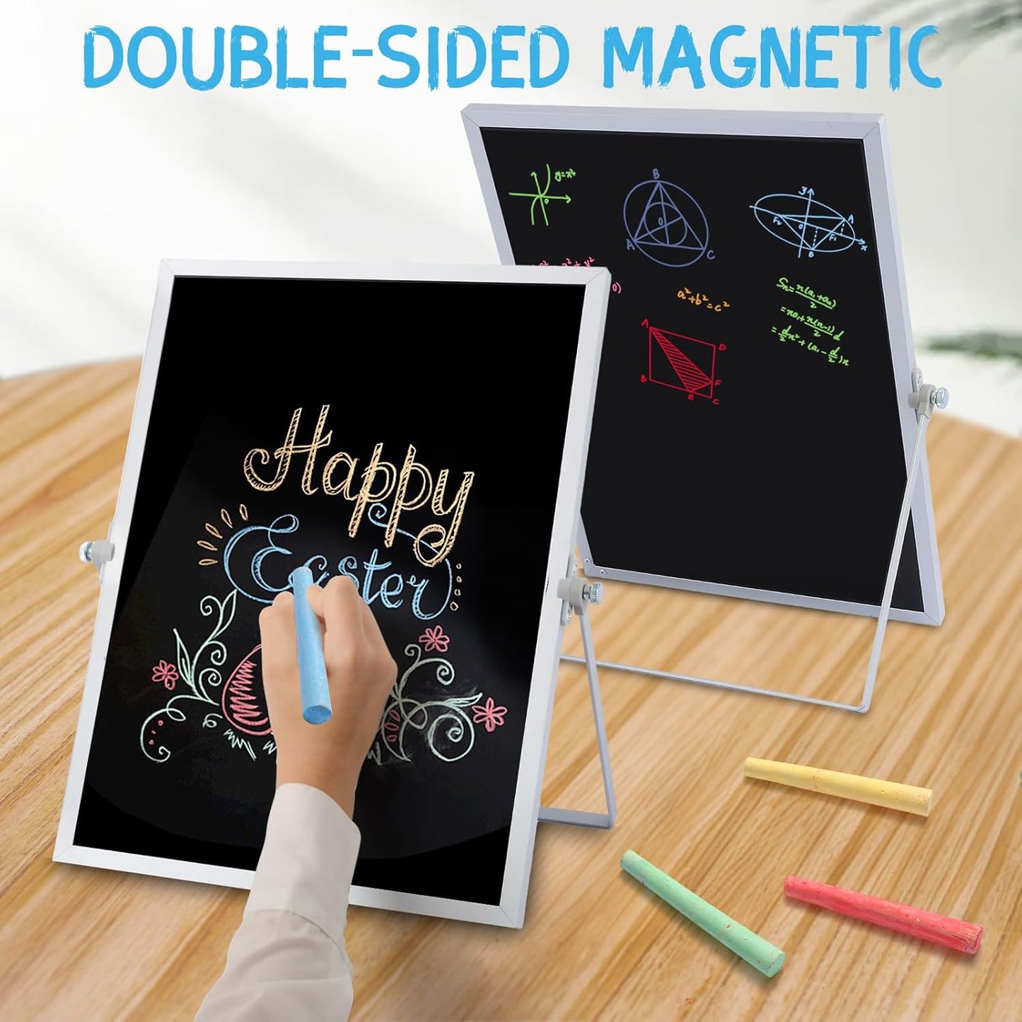 Small Magnetic Chalk Board Easel 10"X10", Double-Sided Tabletop & Wall Hanging Chalkboard with 4 Chalks & Eraser, Desktop Mini Black Board Sign for Office Desk Home Menu and School