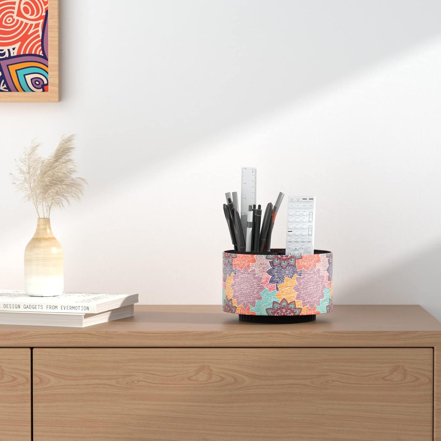 Round Leather Art Supply Organizer,Remote Control Holder,360 Degree Rotating,Multi-Functional Pencil Holder,4 Compartments Desktop Stationary Organizer(1-Fractal Flower) | Round - Colors A