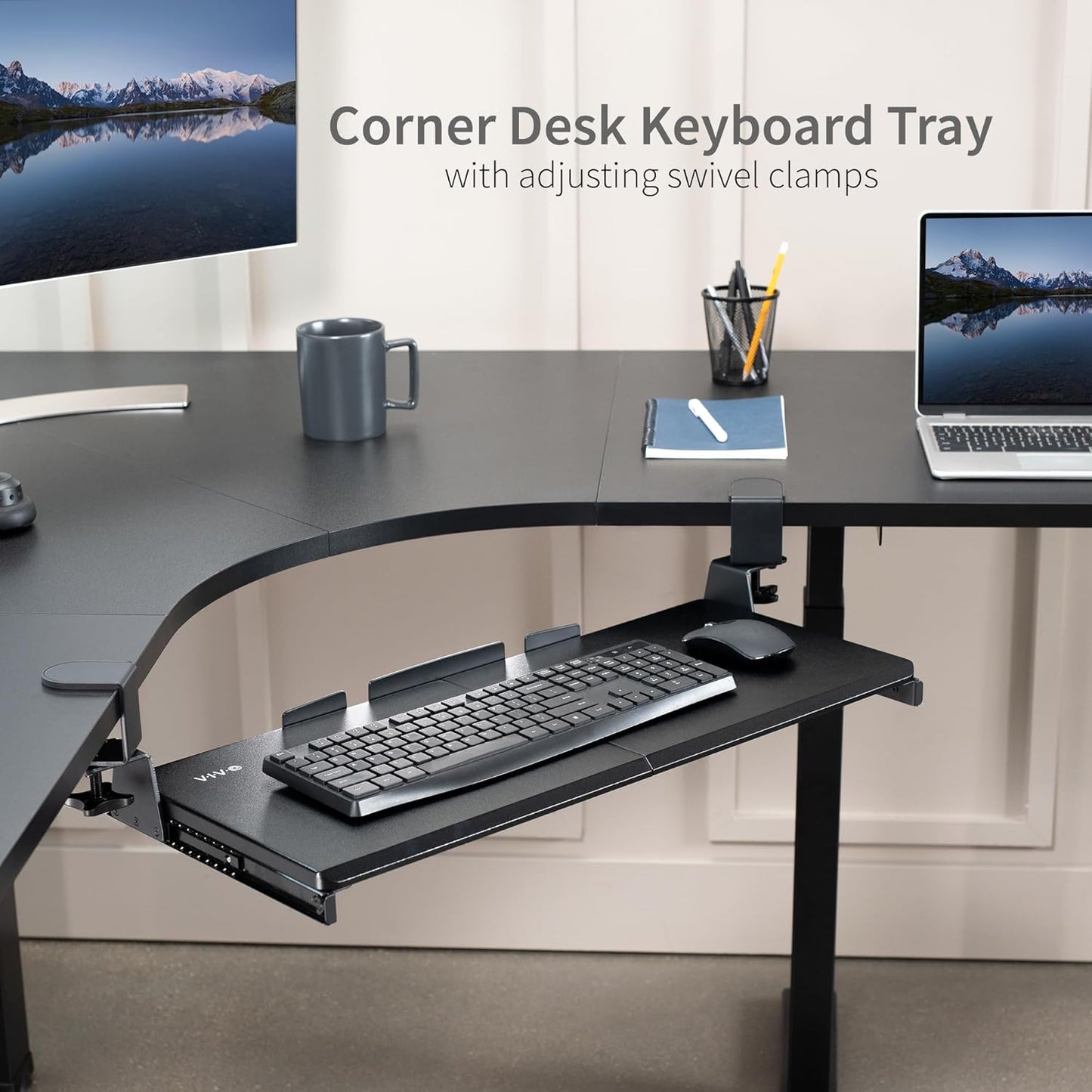 VIVO Large Pull Out Keyboard Tray for Corner Desk, 27 (33 Including Clamps) x 11 inch Slide-Out Platform Computer Drawer, 90-Degree Swivel C-Clamps for L-Shaped Workstation, Black, MOUNT-KB10C