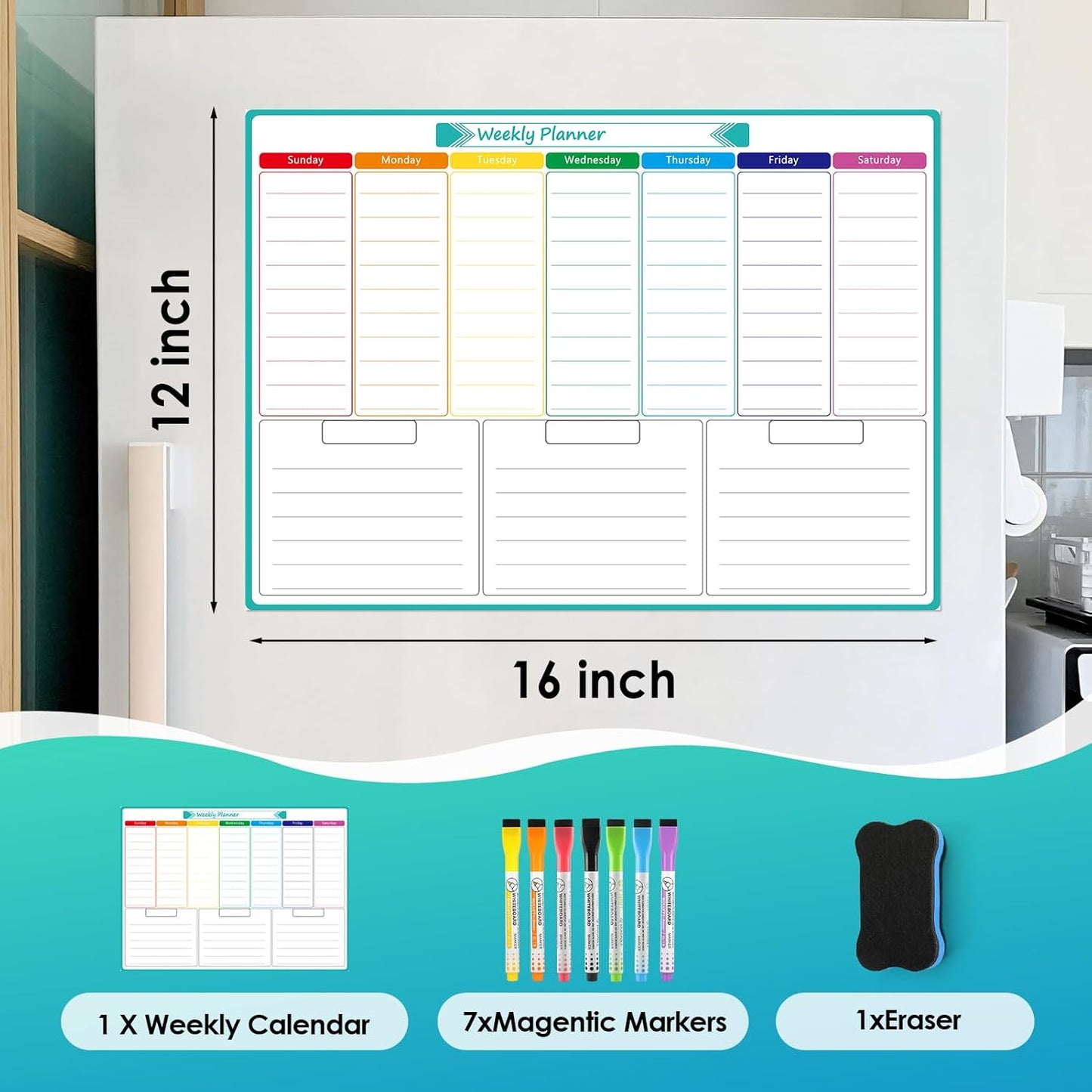 MaxGear Weekly Dry Erase Board for Fridge, 16"x12" Magnetic Calendar Whiteboard Planner for Refrigerator with Stain Resistant Technology, Include 7 Fine Point Markers and 1 Eraser