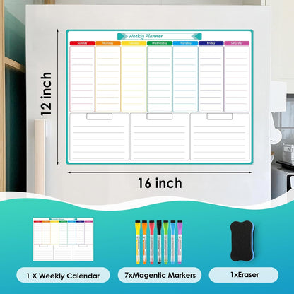 MaxGear Weekly Dry Erase Board for Fridge, 16"x12" Magnetic Calendar Whiteboard Planner for Refrigerator with Stain Resistant Technology, Include 7 Fine Point Markers and 1 Eraser