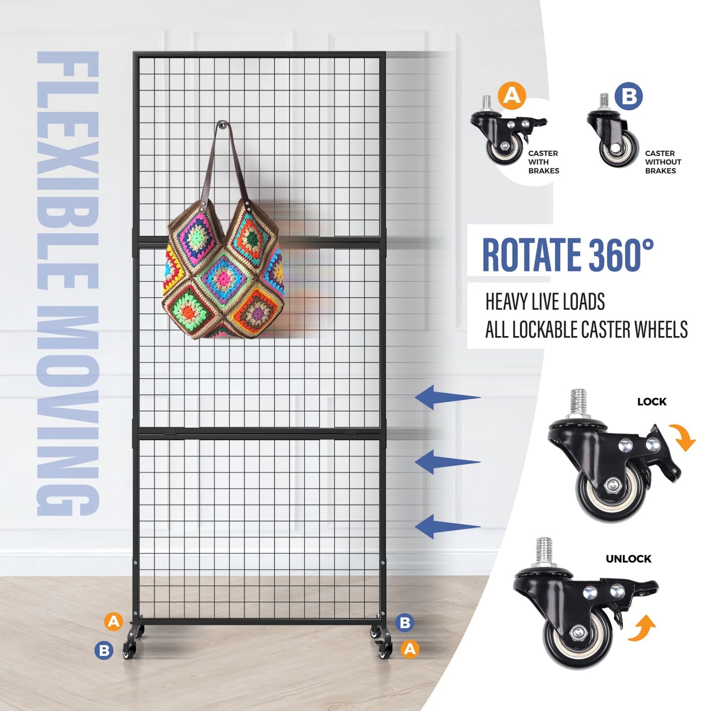 1 Pack Heavy Duty 3' x 6' Gridwall Panels Standing Wire Grid, Study Display Rack with T-Base Wheels, Suitable for Craft Merchandise Display Item Storage (Black)