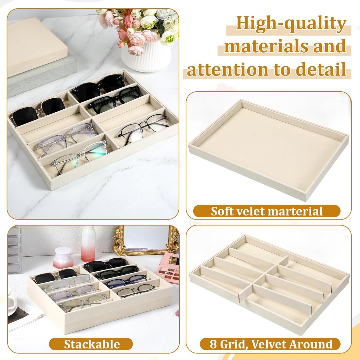 2 Pcs Sunglass Organizer Trays, Velvet Stackable Jewelry Trays Large Eyeglasses Display Jewelry Display Tray Sunglasses Storage Organizer for Men Women Glasses Watch Organizers(Beige)