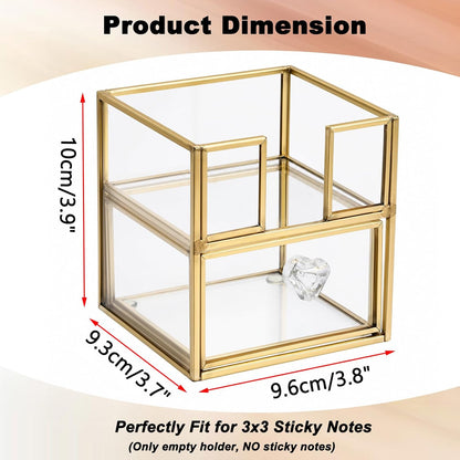 BTSKY Golden Glass Sticky Note Holder for 3x3 Inch Sticky Notes, Elegant Post It Note Dispenser with Non-Slip Pads Clear Notepad Holder for Desk Organization Planning, Home Office Decor