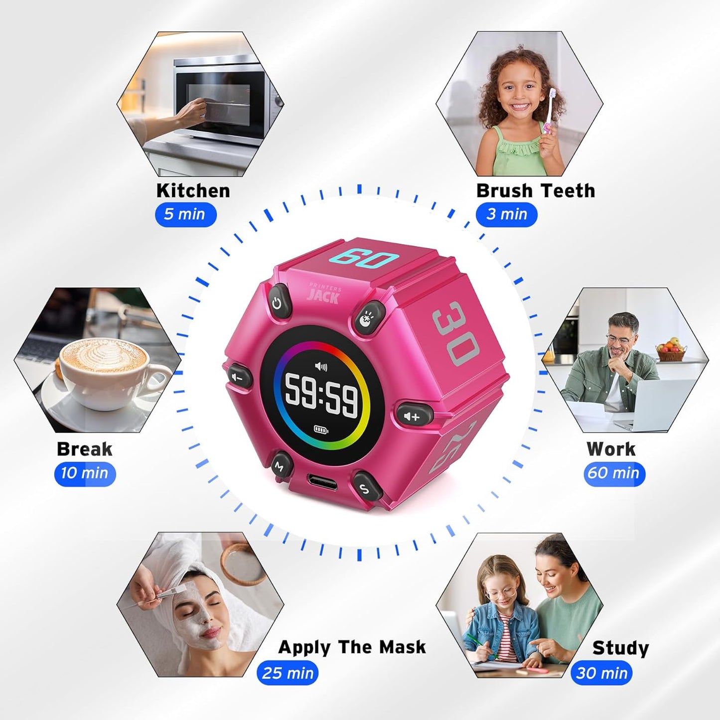 Jack Pomodoro Timer - Productivity Cube, Visual Focus Timer, Mute & Vibration & Adjustable Sound Alert, for Office, ADHD, Study, Work, 3/5/10/25/30/60min & Custom Countdown - Black