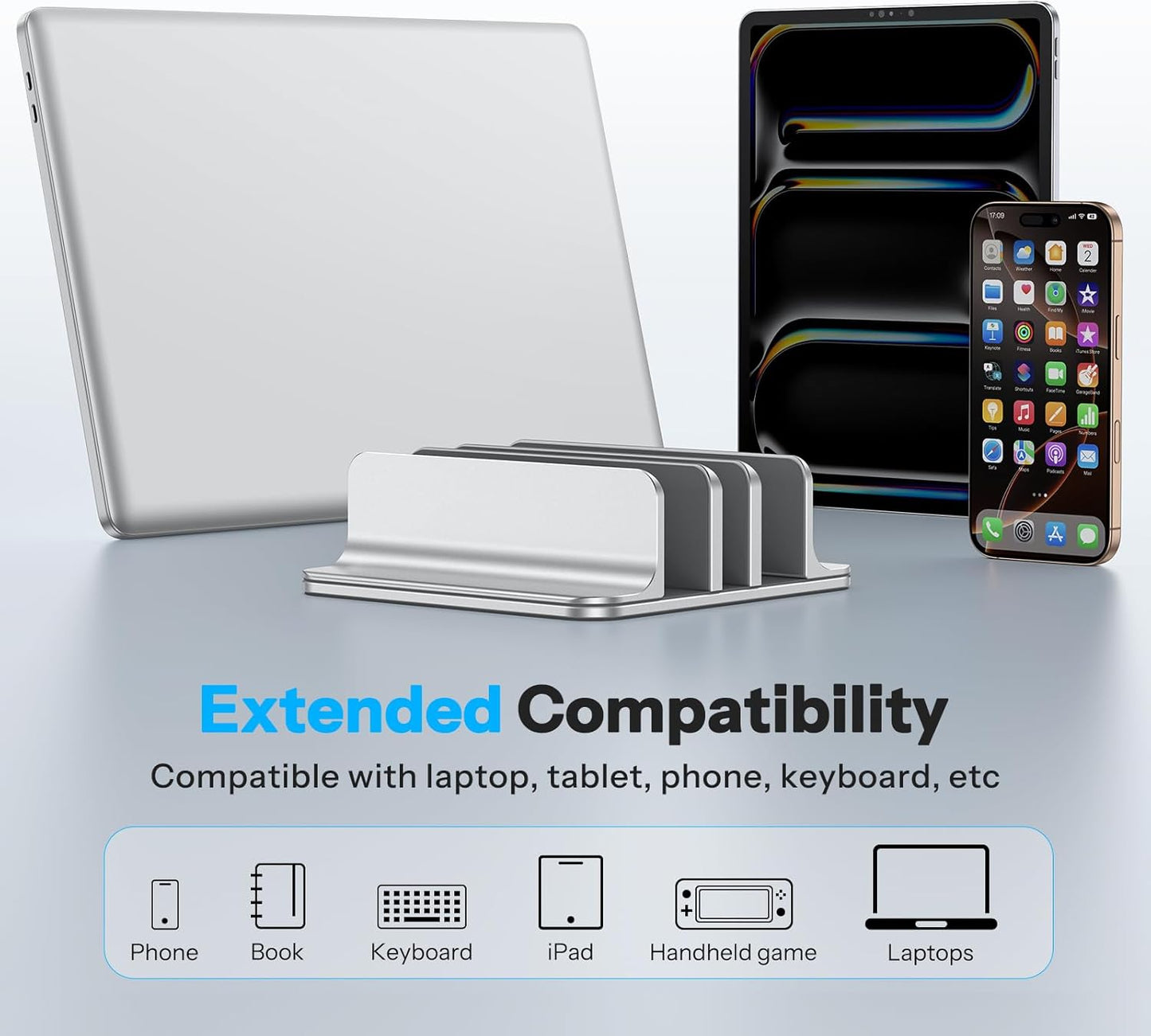 OMOTON Vertical Laptop Stand [Updated Double Version], Desktop Aluminum Mac Book Stand with Adjustable Dock Size, Fits All Mac Book, Surface, Chrome Book and Gaming Laptops (Up to 17.3 inch) (Black)