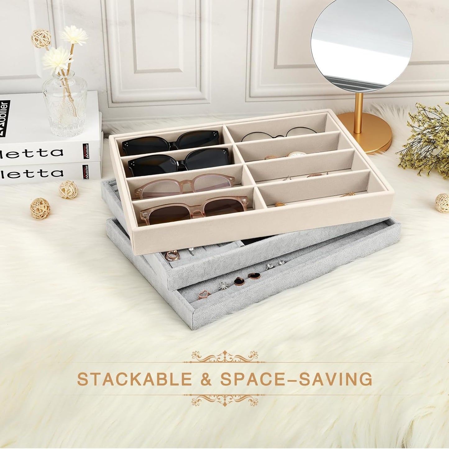 Emibele Glasses Organizer Jewelry Tray, 8 Grids with Clear Lid Velvet Tray Watch Storage Stackable Jewelry Showcase Display Storage with Detachable Inner Dividers, Beige