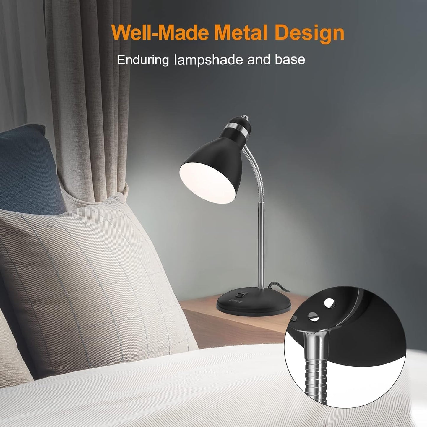 LEPOWER Metal Desk Lamp, Eye-Caring Table Lamp, Study Lamps with Flexible Goose Neck for Bedroom, Home Office (Matte Black)