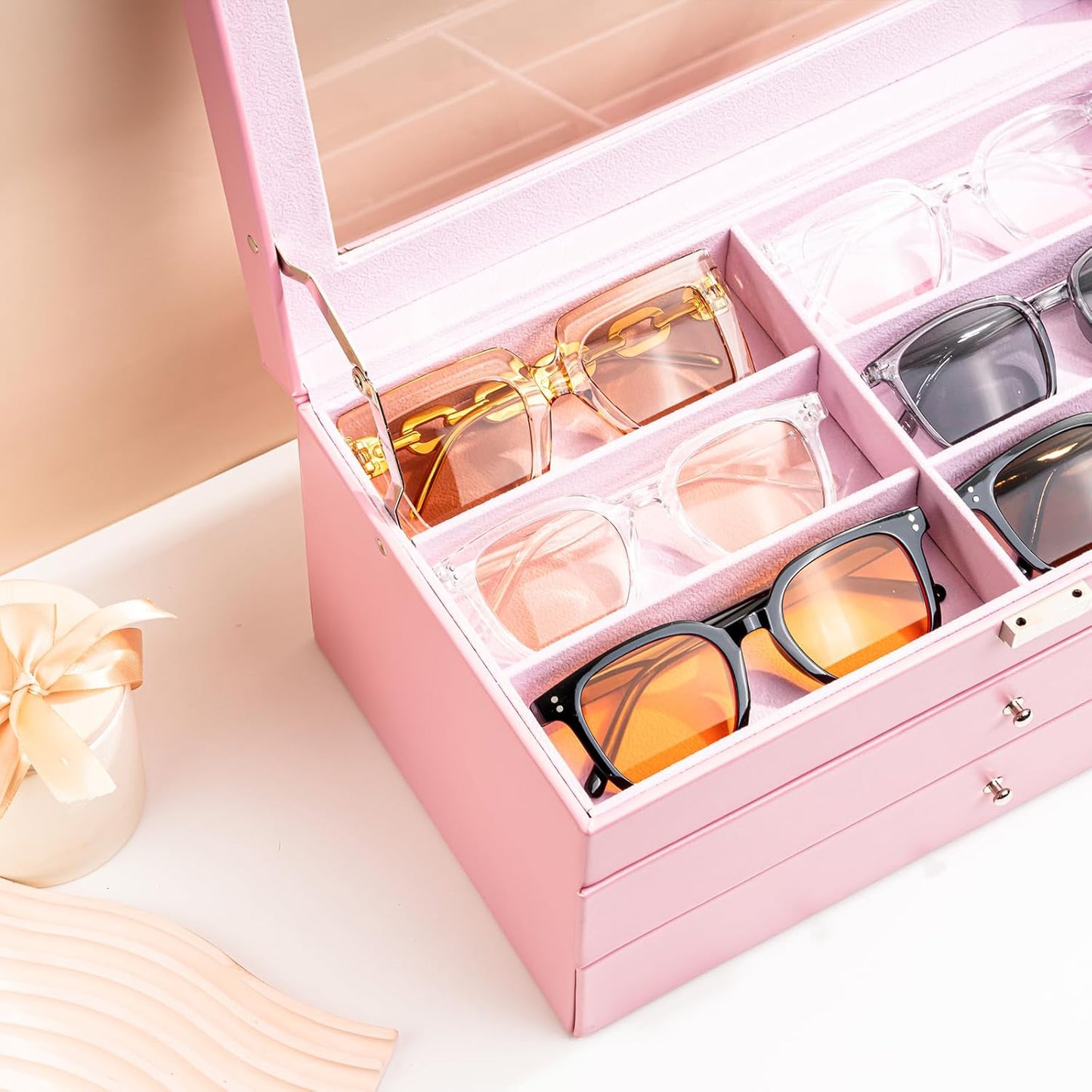 ProCase 3-layer Sunglasses Storage Organizer, 18 Slots Leather Sunglass Box Multiple Pairs Eyeglass Cases Eye Glass Eyewear Display Holder for Men Women, Valentine's Day Gift -Black