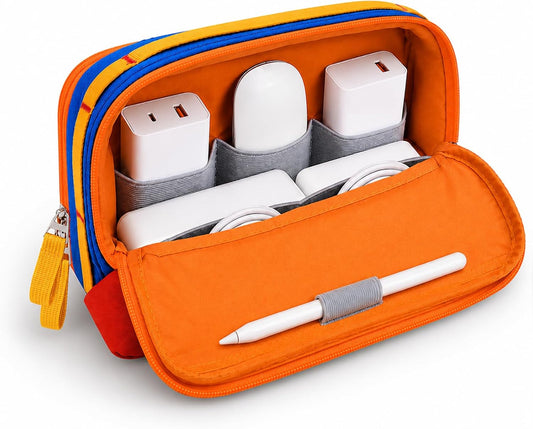 Tech Organizer Travel Case for MacBook Essentials, Self-Standing Digital Accessory Pouch for 140W Power Adapter, Magic Mouse, Cables & Cords, Travel Gear Bag for Power Users (Blue/Red)