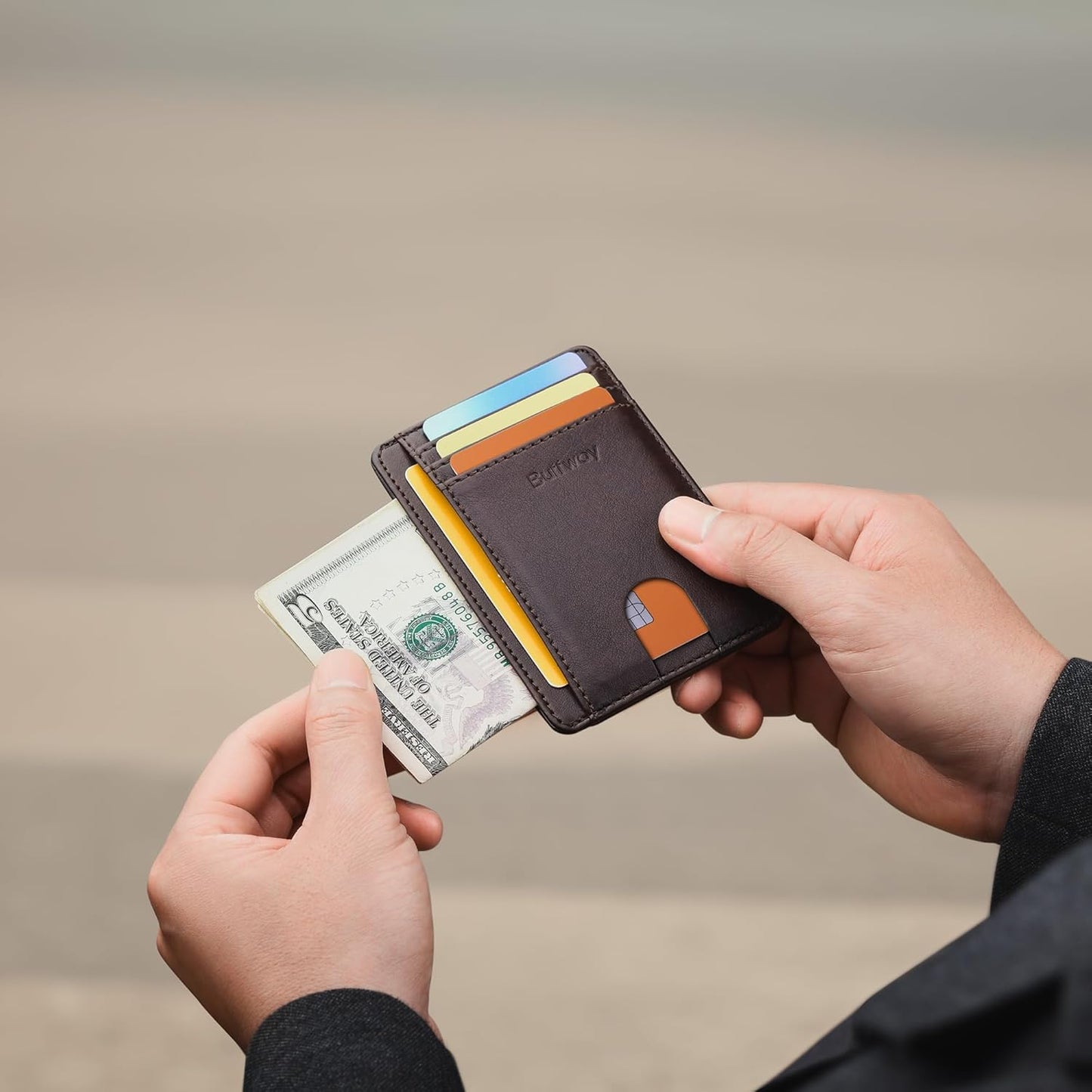 Buffway Slim Minimalist Front Pocket RFID Blocking Leather Wallets for Men and Women - Carbon Fiber Black - Colors A