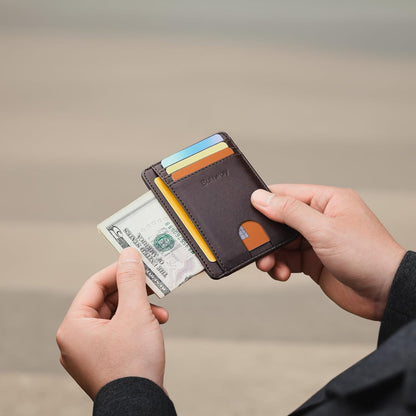 Buffway Slim Minimalist Front Pocket RFID Blocking Leather Wallets for Men and Women - Carbon Fiber Black - Colors A
