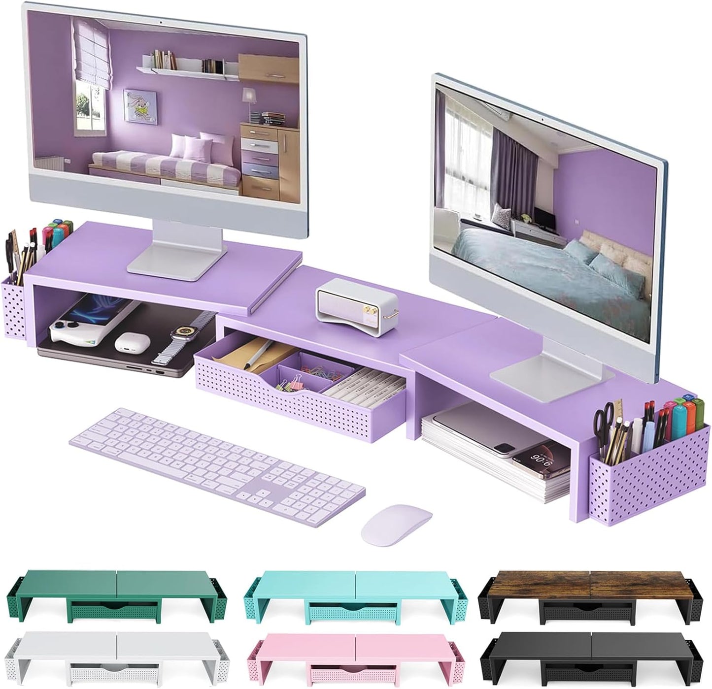 gianotter Dual Monitor Stand Riser, Desk Organizer With Drawer and 2 Pen Holders,Computer Monitor Stand, Desk Shelf for Top of Desk, Wood
