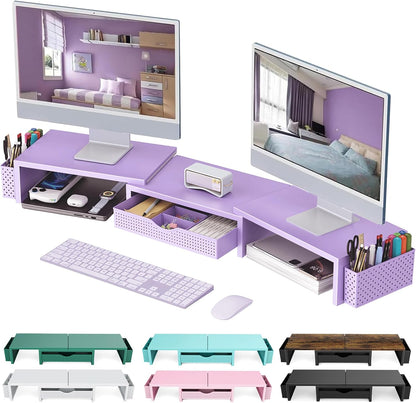 gianotter Dual Monitor Stand Riser, Desk Organizer With Drawer and 2 Pen Holders,Computer Monitor Stand, Desk Shelf for Top of Desk, Wood