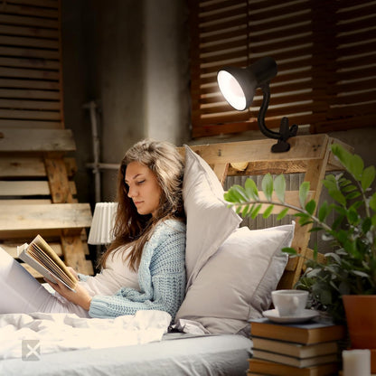Xtricity LED Clip on Desk Lamp with 360° Flexible Gooseneck, Reading Light for Bed Headboard– A19 Bulb Included, 120V, On/Off Switch, 10.25” Height Table Lamp with White Finish
