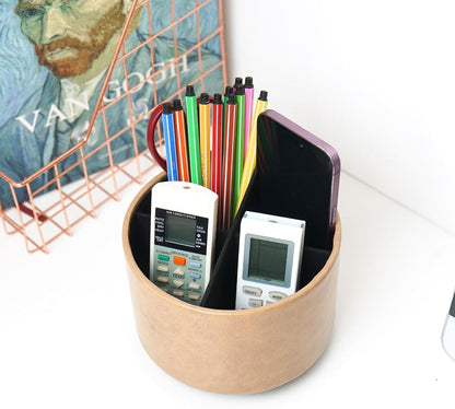 Round Leather Art Supply Organizer,Remote Control Holder,360 Degree Rotating,Multi-Functional Pencil Holder,4 Compartments Desktop Stationary Organizer(1-Fractal Flower) | Round - Colors B