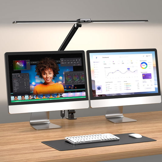CHARYJOD LED Desk Lamp for Office Home, Architect Desk Lamp with Clamp Dual Screen Computer Monitor, 5 Color X 10 Brightness Levels Desk Lamp for Reading, Study, 1000LM Bright, Memory Function