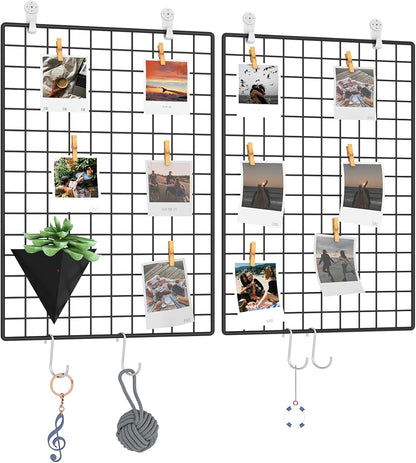 C&AHOME Photo Wall Display Set of 2, Grid Panel with Hooks, Clips, Hemp Cord, Hammer - 15.7" x 11.8", White UWWGM3402W