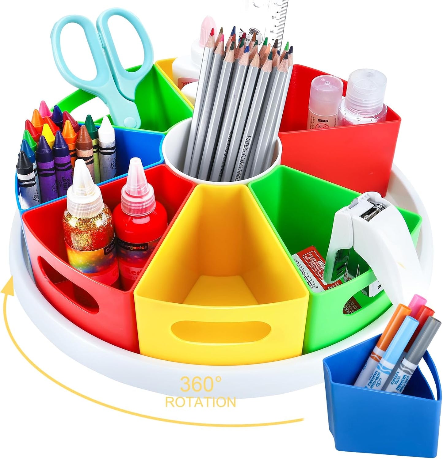 MeCids 360°Rotating Desk Organizers Homeschool Office Organization and Storage Art Supplies Organizers– 12" Lazy Susan Style Caddy with Removable Bins, for Home Offices, School Supplies Classroom Use